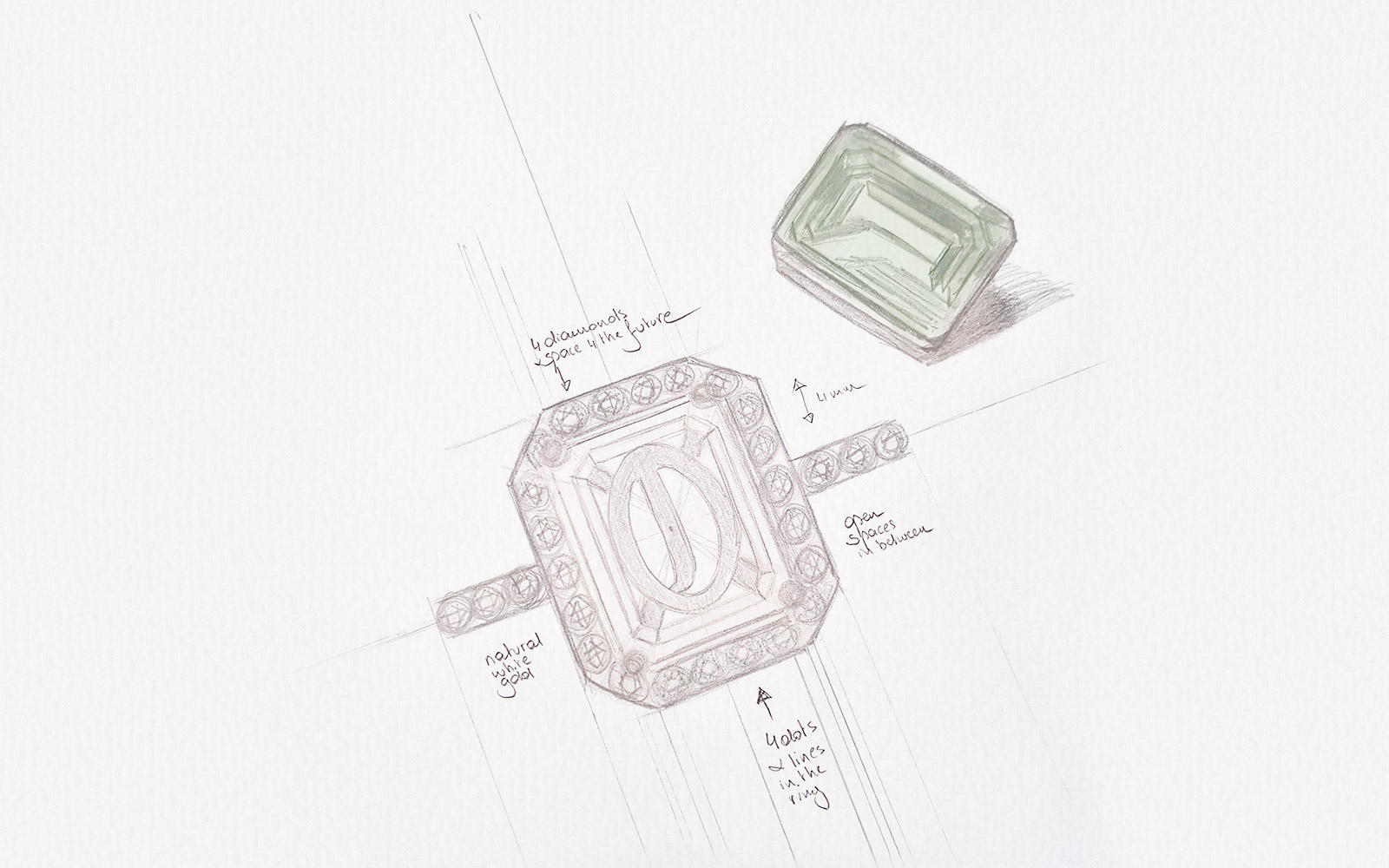 Bila Emerald-cut ring design sketch Bila hand-drawn emerald-cut ring sketch with gemstone and halo design